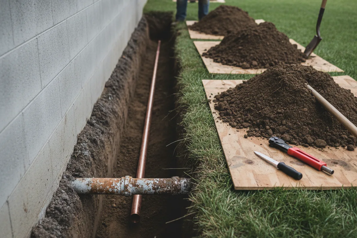 Excavated water line trench during Sewer Line Repair in Grand Ledge